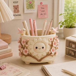 May include: A cream-colored cylindrical desk organizer featuring a central embossed sun face with a smiling expression. The exterior is decorated with raised pink cherry blossom branches and two small birds perched on the rim. Several pens are inside.