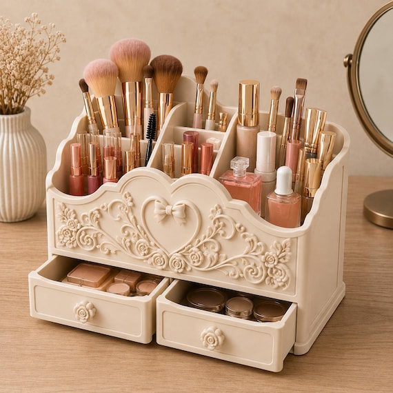 Makeup Organizer STL File, 3D Printable Cosmetic Storage, Vanity Desk Organizer, Beauty Organizer with Drawers, Makeup Brush Holder STL