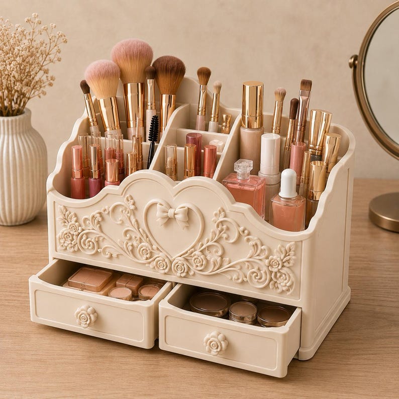 Makeup Organizer STL File, 3D Printable Cosmetic Storage, Vanity Desk Organizer, Beauty Organizer with Drawers, Makeup Brush Holder STL
