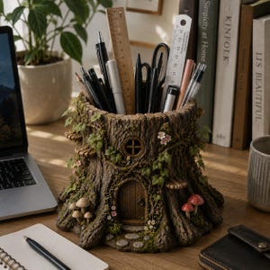 May include: A brown tree stump pencil holder with a textured bark finish, featuring a small arched door, a circular window, green ivy vines, tiny pink flowers, and red-capped mushrooms. It contains various pens, pencils, and two rulers.