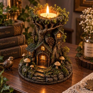 Peut inclure: Un bougeoir décoratif en forme de tronc d'arbre creux avec une maison miniature intégrée à la base. La structure présente une texture pierreuse, des accents vert mousse, des petits champignons et des fenêtres éclairées. Une bougie allumée est au sommet.