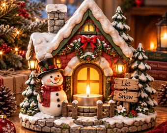 Portacandele a forma di casetta natalizia (file STL), portacandele a forma di pupazzo di neve, stampa 3D di un villaggio invernale, decorazione per le feste.