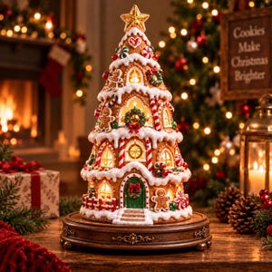 May include: A light-up gingerbread house shaped like a Christmas tree, featuring white icing, candy canes, gingerbread figures, and wreaths. The structure sits on a dark wooden base and is illuminated from within, casting a warm glow through windows.