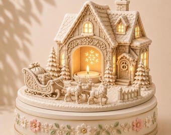 Puede incluir: Una figura decorativa de casa color crema con techo nevado, un arco central con una vela encendida y un trineo tirado por tres renos. La base es circular y está adornada con un patrón en relieve de flores rosas y blancas con hojas verdes.