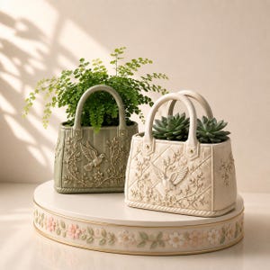 May include: Two handbag-shaped planters, one sage green and one cream, featuring embossed bird and floral motifs. The cream planter has a quilted texture and holds a succulent, while the green planter holds a fern. Both sit on a floral base.