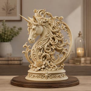 Puede incluir: Una escultura de busto de unicornio color crema con intrincados adornos de volutas, detalles de crin arremolinada y acentos florales. El unicornio se muestra de perfil, mirando hacia la izquierda, con un cuerno y una base circular sobre madera.