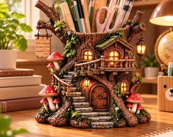 Può includere: Un organizer da scrivania a forma di tronco d'albero marrone con una casa in miniatura dalle finestre illuminate, una scala in pietra, funghi rossi e bianchi, un cartello sospeso e una piccola lanterna. La parte superiore cava contiene penne e matite.