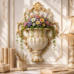Utsmyckad rokoko väggplanterare, barock blommig hängande vas, elegant vintagedekor (STL-nedladdning)