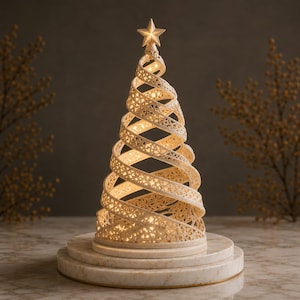 Könnte beinhalten: Eine cremefarbene, spiralförmige Weihnachtsbaumdekoration mit komplizierten, lasergeschnittenen Stern- und Blumenmustern. Die Struktur ist von innen beleuchtet, strahlt ein warmes Licht aus und ist mit einem kleinen, fünfzackigen Stern gekrönt.