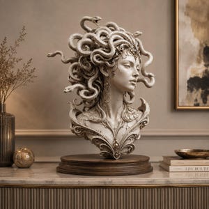 Puede incluir: Un busto de color crema que representa una figura con serpientes por cabello, con detalles de filigrana en los hombros y el pecho. La figura tiene una expresión serena, pendientes ornamentados y está sobre una base de madera circular.