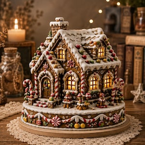 May include: A decorative gingerbread house figurine featuring white icing snow, colourful candy accents, and candy cane pillars. The structure is illuminated from within, casting a warm glow through the windows, and sits on a circular base.