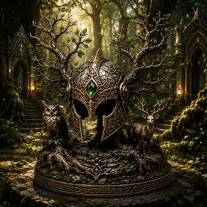 May include: A decorative helmet featuring intricate metal filigree, a central emerald green gemstone, and large branching antlers adorned with small green leaves. An owl and a deer stand on the mossy, stone-textured base supporting the helmet.