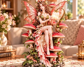 Può includere: Una statuetta di fata con lunghi capelli castani, ali rosa e corpetto floreale, seduta su un gruppo di funghi dal cappello rosso. La figura regge una lampada a forma di fiore bianco luminoso, circondata da piccole foglie verdi e fiori rosa.