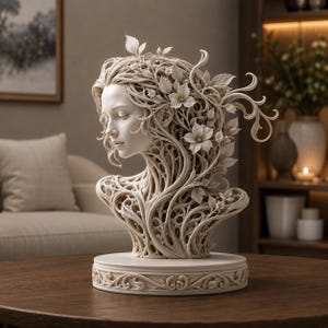 May include: A cream-colored bust sculpture of a person with eyes closed, featuring intricate, flowing vine and leaf patterns that merge into the hair and shoulders. The figure rests on a circular base with carved scrollwork details.