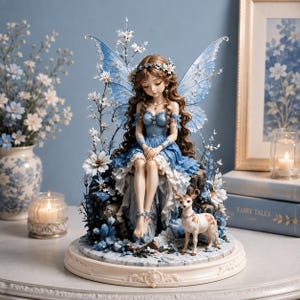 Può includere: Una statuetta decorativa di una fata con lunghi capelli castani, che indossa un abito blu e ali blu traslucide, seduta su una base rocciosa. Un piccolo cervo bianco si trova accanto alla fata, circondato da accenti floreali e foglie blu e bianche.