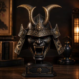 May include: A dark metallic samurai helmet sculpture featuring a fierce oni mask with bared fangs, two large curved horns, and intricate dragon engravings on the side plates. A small skull emblem sits at the centre, and the base displays the kanji 侍.
