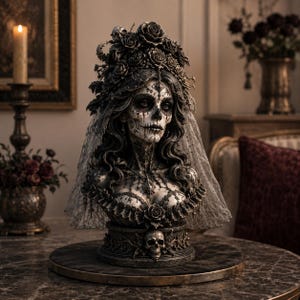 May include: A detailed bust sculpture of a figure with sugar skull face paint, wearing a dark floral headpiece and a lace veil. The figure features intricate dark jewellery, a ruffled neckline, and a base adorned with a central skull carving.