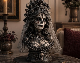 Gothic Bride Bust 3D Print, Skull Wedding Decor, Dark Halloween Sculpture (STL File)