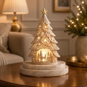 May include: A cream-colored, conical decorative tree sculpture featuring intricate laser-cut patterns of snowflakes and foliage. The hollow center reveals a miniature scene with a deer and trees, illuminated from within, topped with a gold star.