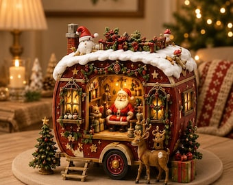 May include: A miniature red camper trailer Christmas decoration featuring a snow-covered roof, a chimney, and a lit interior with a Santa Claus figure. The exterior is adorned with festive greenery, a reindeer, small Christmas trees, and gift boxes.