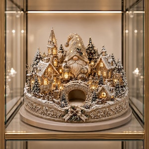 Peut inclure: Une décoration de table représentant un gnome central portant un grand chapeau, entouré de maisons miniatures enneigées, de sapins, d'un pont en pierre et d'un cerf. La scène est éclairée par des lumières chaudes sur une base circulaire.