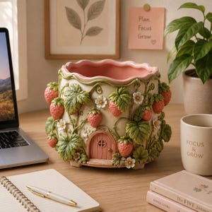 Op de afbeelding: Een cilindervormige keramische plantenpot met een reliëfontwerp van aardbeienranken met rode bessen, groene bladeren en witte bloemen. De pot heeft een kleine roze boogdeur aan de basis en een geschulpte rand met een zachtroze binnenkant.