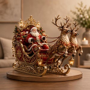Könnte beinhalten: Eine dekorative Figur, die den Weihnachtsmann in einem verzierten rot-goldenen Schlitten zeigt, der von zwei Rentieren gezogen wird. Der Schlitten ist mit goldenen Schnörkeln, kleinen Laternen und Geschenken verziert, die Rentiere tragen Geschirre.