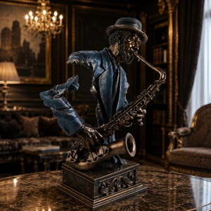 Pode incluir: Uma escultura em tom de bronze de um músico com chapéu e paletó, tocando um saxofone. A figura é representada num estilo abstrato e fragmentado com mãos e chaves de instrumento visíveis, montada numa base retangular com detalhes ornamentados.