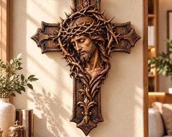 Jesus Cross STL File, Crown of Thorns 3D Model, Gothic Crucifix, Christian Wall Decor, Religious 3D Printable Art