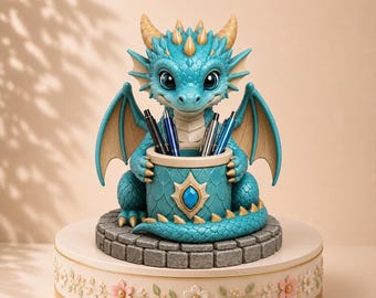May include: A turquoise dragon figurine holding a cylindrical pen holder. The dragon has gold-colored horns and scales, large eyes, and outstretched wings. It sits on a gray stone-textured base, which is placed on a circular platform with floral details.
