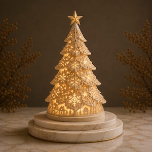 May include: A conical, off-white ceramic Christmas tree sculpture featuring intricate, laser-cut snowflake and house patterns. The structure is illuminated from within, casting a warm glow, and is topped with a solid, five-pointed star.