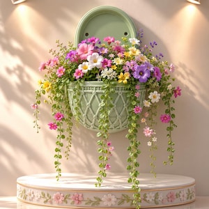 May include: A sage green wall-mounted planter with a lattice pattern, overflowing with a vibrant arrangement of pink, white, yellow, and purple flowers. Trailing green vines hang down from the planter, which is mounted on a light-colored wall.