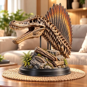 May include: A detailed Dimetrodon skull sculpture featuring a prominent dorsal sail with orange and brown gradients. The fossilized-look head is mounted on a rocky base with small green ferns, wooden logs, and a trilobite fossil on a black stand.