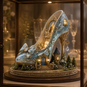 May include: A decorative high-heeled shoe sculpture featuring a light blue and gold finish with intricate filigree patterns. The shoe incorporates a miniature house structure with a blue door, a small tower, a bow, and illuminated windows on a base.