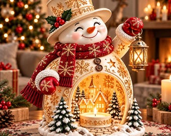Può includere: Una statuetta di pupazzo di neve in ceramica con cilindro e sciarpa rossa con motivi a fiocchi di neve dorati. Il pupazzo tiene in mano una lanterna accesa. Un centro cavo rivela un villaggio in miniatura con una candela e piccoli pini.