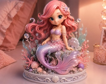 Può includere: Una statuetta di sirena con lunghi capelli rosa, grandi occhi azzurri e una coda viola e rosa. La sirena è seduta su una base rocciosa decorata con coralli, conchiglie, stelle marine e perle, su una piattaforma circolare con conchiglie.