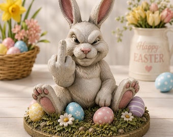 Può includere: Una statuetta di coniglio grigio seduta su una base circolare coperta di erba verde, piccoli fiori bianchi e uova di Pasqua colorate a motivi. Il coniglio ha un'espressione imbronciata e mostra il dito medio in un gesto maleducato.