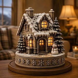 May include: A decorative tabletop Christmas village house featuring a stone-textured exterior with snow-covered roofs, illuminated windows, two evergreen trees, and a small snowman wearing a top hat, all set on a circular base with snowflake carvings.