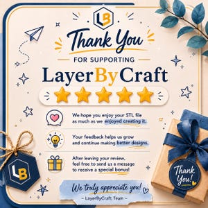 May include: A square thank you card with a cream background, navy blue text, and gold accents. It features the LayerByCraft logo, five gold stars, and icons of a heart, lightbulb, and gift box. A brown gift box with a navy ribbon sits in the corner.
