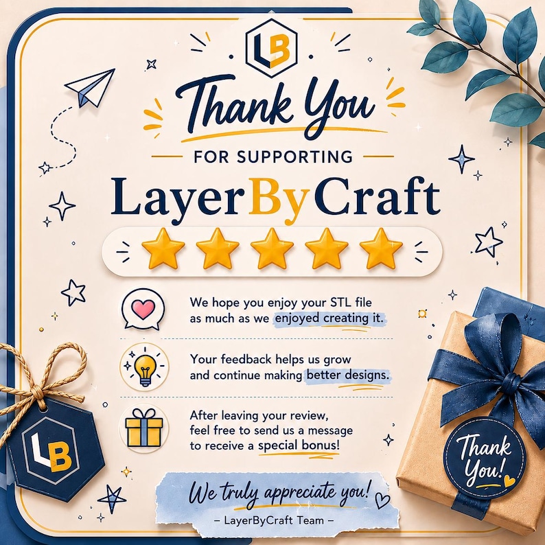 May include: A square thank you card with a cream background, navy blue text, and gold accents. It features the LayerByCraft logo, five gold stars, and icons of a heart, lightbulb, and gift box. A brown gift box with a navy ribbon sits in the corner.