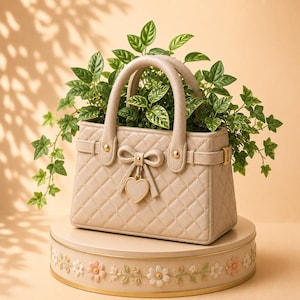 May include: A beige handbag-shaped planter with a quilted texture, two top handles, and a decorative bow with a heart-shaped charm. The planter is filled with a lush green leafy plant and sits on a round base decorated with a floral relief pattern.