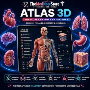 May include: A digital tablet displaying the Atlas 3D human anatomy software by TheMedNoteStore. The screen shows a split-view human body model, anatomical system menus, layer peeling tools, and muscle details, surrounded by 3D organ illustrations.