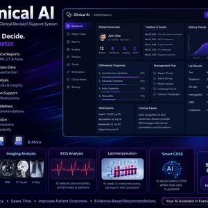 Op de afbeelding: Een donkergekleurd Clinical AI dashboard-interface met patiëntgegevens, medische rapporten en diagnostische analyses. De lay-out bevat secties voor patiëntoverzicht, differentiële diagnose, laboratoriumresultaten en beeldvormingsanalyses met paarse en blauwe accenten.