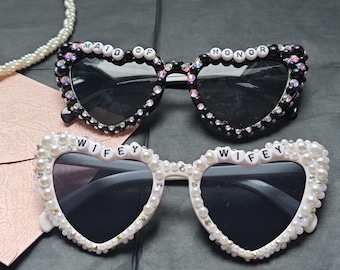 Personalisierte Perlen Herz Braut Sonnenbrille, Name Braut Shades, Bachelorette Party Brille, Braut Geschenk