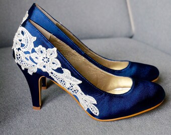 Navy Blue Wedding Shoes Bridal Shoes Low Wedding Heels Blue