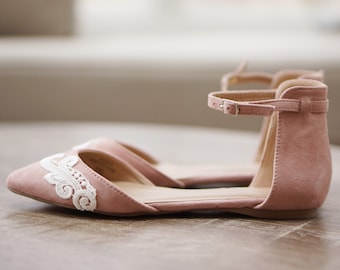 Mauve Wedding Flats,Ballet Flats,Bridal Flats,Gift,Wedding Shoe,Bridesmaid,Bridal Shoes,Flat Wedding Shoe,Ankle Strap Flats with Ivory Lace