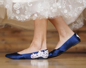 Wedding Shoes Navy Blue Bridal Ballet Flats Low Wedding | Etsy