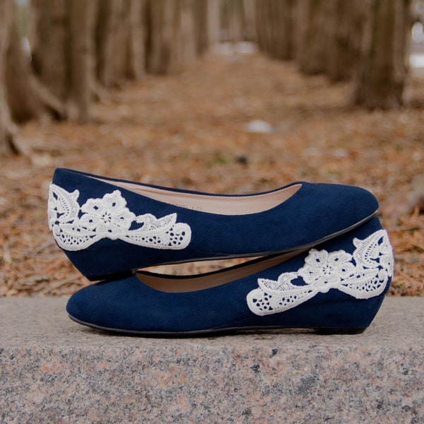 SALE.Navy Wedges,Blue Wedding Shoes,Low Heels,Navy Heel,Low Blue Wedges,Bridal Shoes,Flats,Bride,Low Wedding Shoes,Low Wedge with Ivory Lace