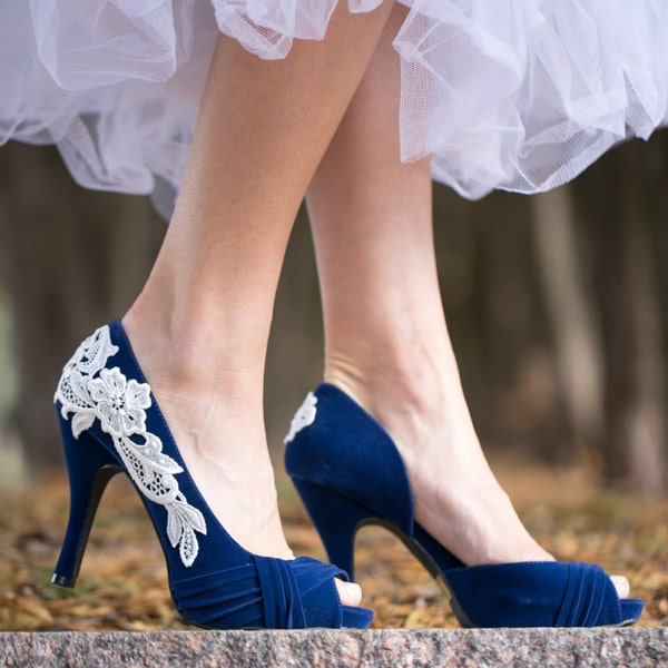 SALE. Blue Wedding Shoes - Blue Bridal Shoes, Blue Wedding Heels, Blue Heels, Bridal Heels, Blue Pumps, Peep Toe with Ivory Lace. US Size 9