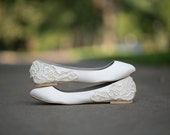 Wedding Flats - Ivory Wedding Flats/Wedding Shoes, Ivory Flats, Bridal Ballet Flats, Ivory Satin Flats with Ivory Lace. US Size 10